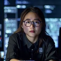 番号大全技术总监刘晓薇，戴着黑框眼镜，坐在多屏显示器前专注调试搜索算法，展现出深厚的技术功底
